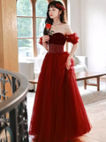 Pretty A Line Off The Shoulder Burgundy Tulle Beads Long Prom Dresses HZ1024