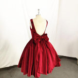 Dark Red Satin Backless Vintage Style Party Dress Homecoming Dresses with Bow HZ1024