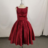 Dark Red Satin Backless Vintage Style Party Dress Homecoming Dresses with Bow HZ1024