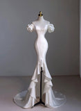 White Mermaid Hi Lo Satin Beading Wedding Dress HZ1024