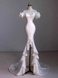 White Mermaid Hi Lo Satin Beading Wedding Dress HZ1024