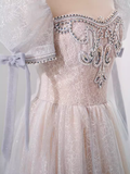 Pretty A Line Scoop Short Puffy Sleeves Pink Tulle Beads Long Prom Dresses HZ1024