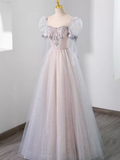 Pretty A Line Scoop Short Puffy Sleeves Pink Tulle Beads Long Prom Dresses HZ1024
