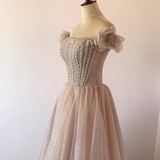 Pretty A Line Off The Shoulder Beads Tulle Sequin Long Prom Dresses HZ1024