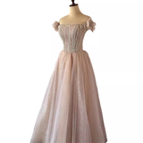Pretty A Line Off The Shoulder Beads Tulle Sequin Long Prom Dresses HZ1024