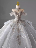 Luxury Ball Gown Off The Shoulder Short Sleeves Sequin Wedding Dress HZ1024
