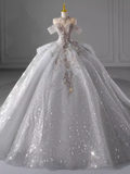 Luxury Ball Gown Off The Shoulder Short Sleeves Sequin Wedding Dress HZ1024