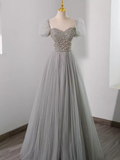 Elegant A Line Gray Tulle Beadings Long Prom Dress HZ1024