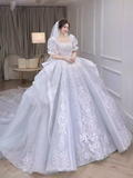 Vintage Ball Gown Square Neckline Short Sleeves Lace Wedding Dress HZ1024