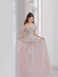 Fairytale A line Off The Shoulder Pink Sequin Long Evening Dress Prom Dresses HZ1024