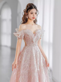 Fairytale A line Off The Shoulder Pink Sequin Long Evening Dress Prom Dresses HZ1024
