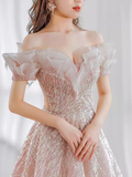 Fairytale A line Off The Shoulder Pink Sequin Long Evening Dress Prom Dresses HZ1024