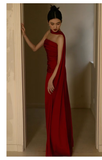 Pretty Sheath Scoop Neckline Satin Burgundy Long Prom Dresses With Ribbon HZ1024