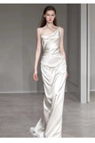 Vintage Sheath Irregular Neckline Satin White Wedding Dress HZ1024