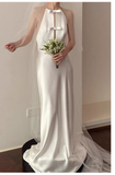 Vintage Sheath Scoop Neckline Satin White Wedding Dress With Bowknot HZ1024