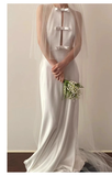 Vintage Sheath Scoop Neckline Satin White Wedding Dress With Bowknot HZ1024