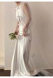 Vintage Sheath Scoop Neckline Satin White Wedding Dress With Bowknot HZ1024