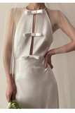 Vintage Sheath Scoop Neckline Satin White Wedding Dress With Bowknot HZ1024