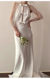 Vintage Sheath Scoop Neckline Satin White Wedding Dress With Bowknot HZ1024