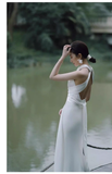 Vintage Sheath Halter Satin White Backless Wedding Dresses HZ1024
