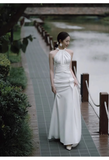 Vintage Sheath Halter Satin White Backless Wedding Dresses HZ1024