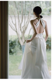 Vintage Sheath Halter Satin White Backless Wedding Dresses HZ1024