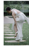 Vintage Sheath Halter Satin White Backless Wedding Dresses HZ1024