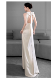 Vintage Sheath Scoop Satin White Backless Wedding Dresses HZ1024