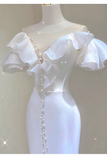 Sexy Mermaid V Neckline White Long Wedding Dresses With Pearls HZ1024