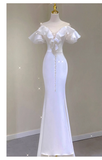 Sexy Mermaid V Neckline White Long Wedding Dresses With Pearls HZ1024