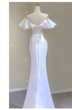 Sexy Mermaid V Neckline White Long Wedding Dresses With Pearls HZ1024