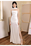 Pretty Sheath Scoop Neckline Satin White Slit Long Prom Dresses With Ribbon HZ1024
