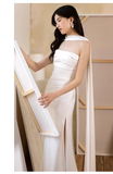 Pretty Sheath Scoop Neckline Satin White Slit Long Prom Dresses With Ribbon HZ1024