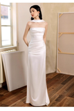 Pretty Sheath Scoop Neckline Satin White Slit Long Prom Dresses With Ribbon HZ1024