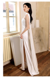 Pretty Sheath Scoop Neckline Satin White Slit Long Prom Dresses With Ribbon HZ1024