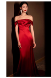 Pretty Sheath Off The Shoulder Satin Burgundy Slit Long Prom Dresses With Ruffles HZ1024