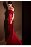 Pretty Sheath Off The Shoulder Satin Burgundy Slit Long Prom Dresses With Ruffles HZ1024