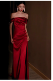 Pretty Sheath Off The Shoulder Satin Burgundy Slit Long Prom Dresses With Ruffles HZ1024
