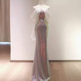 Pretty Sheath Strapless Sequin Long Prom Dresses With Sleeves HZ1024