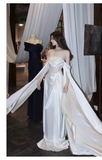 Sexy A line Off The Shoulder Long Sleeves Satin Long Wedding Dresses With Cape HZ1024