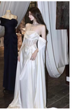 Sexy A line Off The Shoulder Long Sleeves Satin Long Wedding Dresses With Cape HZ1024