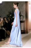 Pretty Sheath Scoop Neckline Satin Blue Slit Long Prom Dresses With Ribbon HZ1024