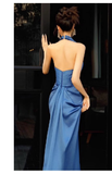 Pretty Sheath High Neckline Satin Royal Blue Long Prom Dresses HZ1024