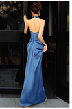 Pretty Sheath High Neckline Satin Royal Blue Long Prom Dresses HZ1024