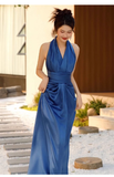 Pretty Sheath High Neckline Satin Royal Blue Long Prom Dresses HZ1024