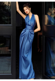 Pretty Sheath High Neckline Satin Royal Blue Long Prom Dresses HZ1024