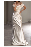 Sexy Sheath Off The Shoulder Short Sleeves Satin Long Wedding Dresses With Ruffles HZ1024