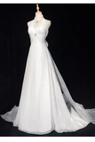 Chic A line High Neckline Backless Satin Long Wedding Dresses With Ruffles HZ1024
