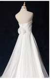 Chic A line High Neckline Backless Satin Long Wedding Dresses With Ruffles HZ1024