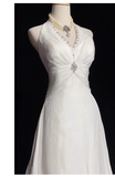 Chic A line High Neckline Backless Satin Long Wedding Dresses With Ruffles HZ1024